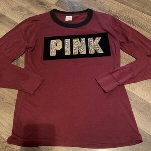 Pink Long Sleeve Maroon sequin logo Shirt sz small
